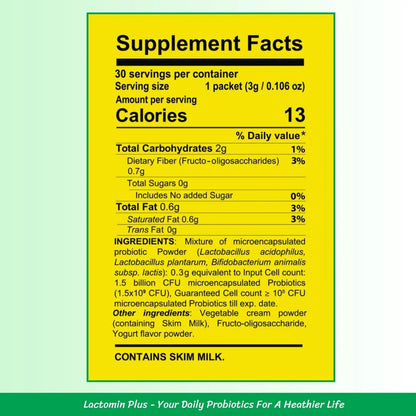Probiotics - LactominPlus-3 Probiotics Strains - Powder - Sweet Yogurt Flavor - 30 Sticks x 3g (1month), 1.5 Billion CFU, with Prebiotics(FOS), Constipation & Bloating Relief, Microencapsulated - Maple Wellness Supplements