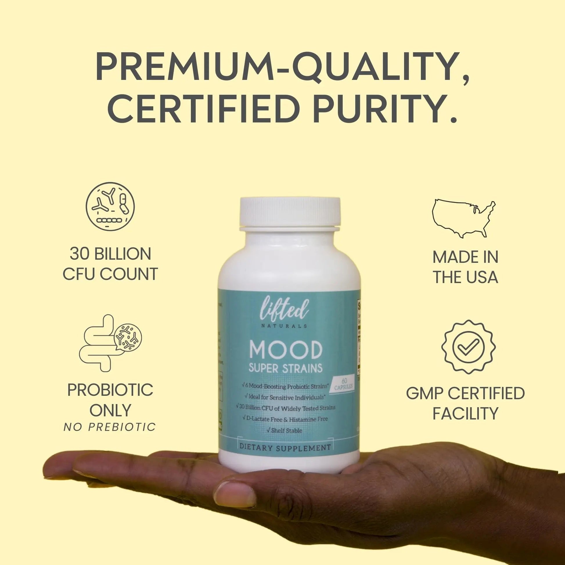 Probiotics - Mood Super Strains Probiotic - Naturally Supports Digestion & Mood - Histamine-Free Probiotics w/ L Rhamnosus GG, Shelf Stable Probiotic Supplement, 60 Day Supply, Non-GMO, VEGAN - Maple Wellness Supplements