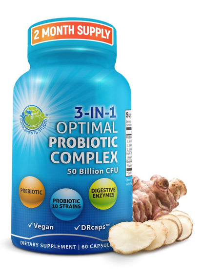 Probiotics with Digestive Enzymes and Prebiotic for Women and Men - 3-In-1 Vegan Probiotic Prebiotic Multi Enzyme Complex for Gut Health - Maple Wellness Supplements