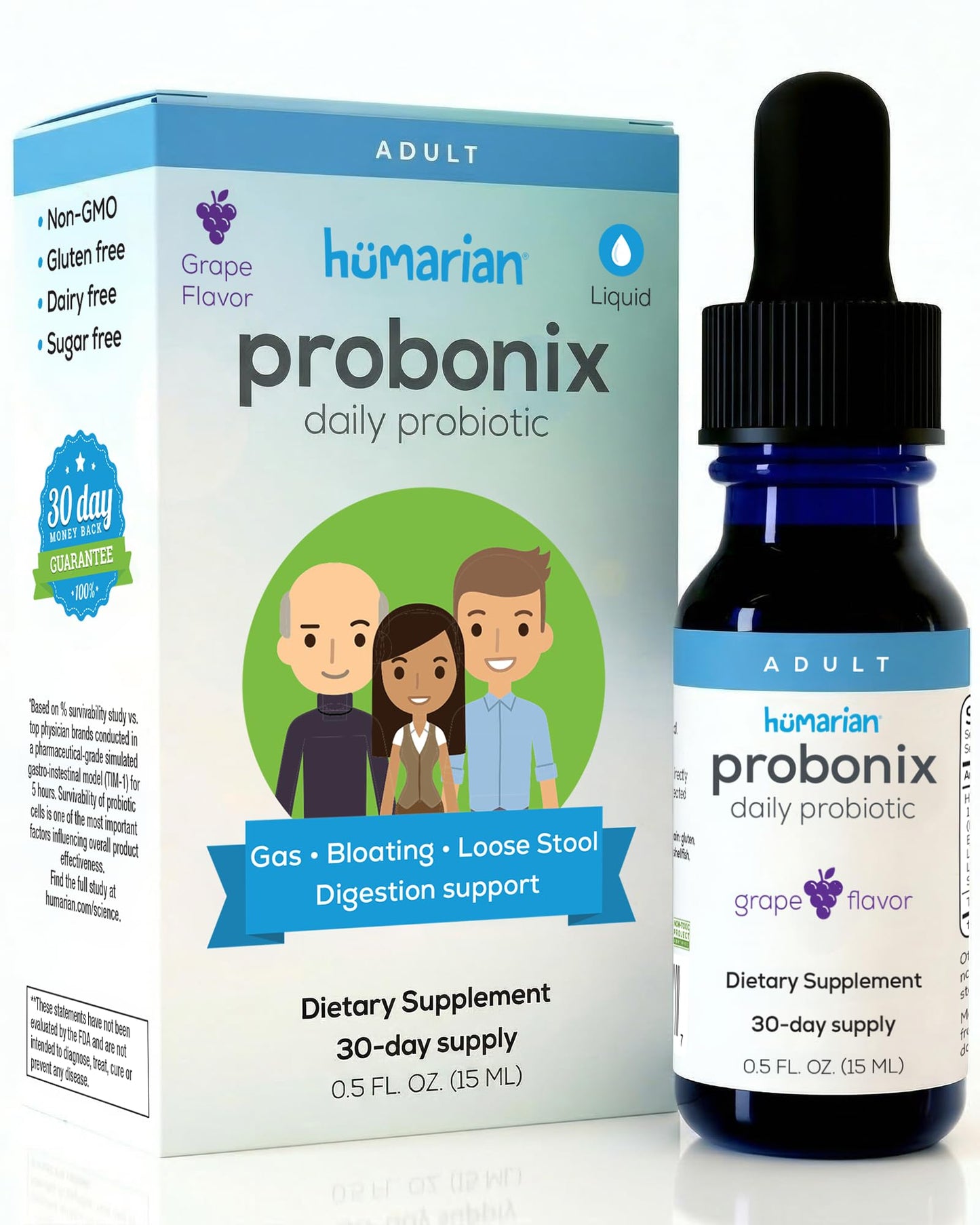 Probonix Humarian Liquid Probiotics for Adults - 12-Strain Probiotic Drops to Fortify Gut Health, Immunity and More - 30-Day Supply - Delicious Grape Flavor - Maple Wellness Supplements