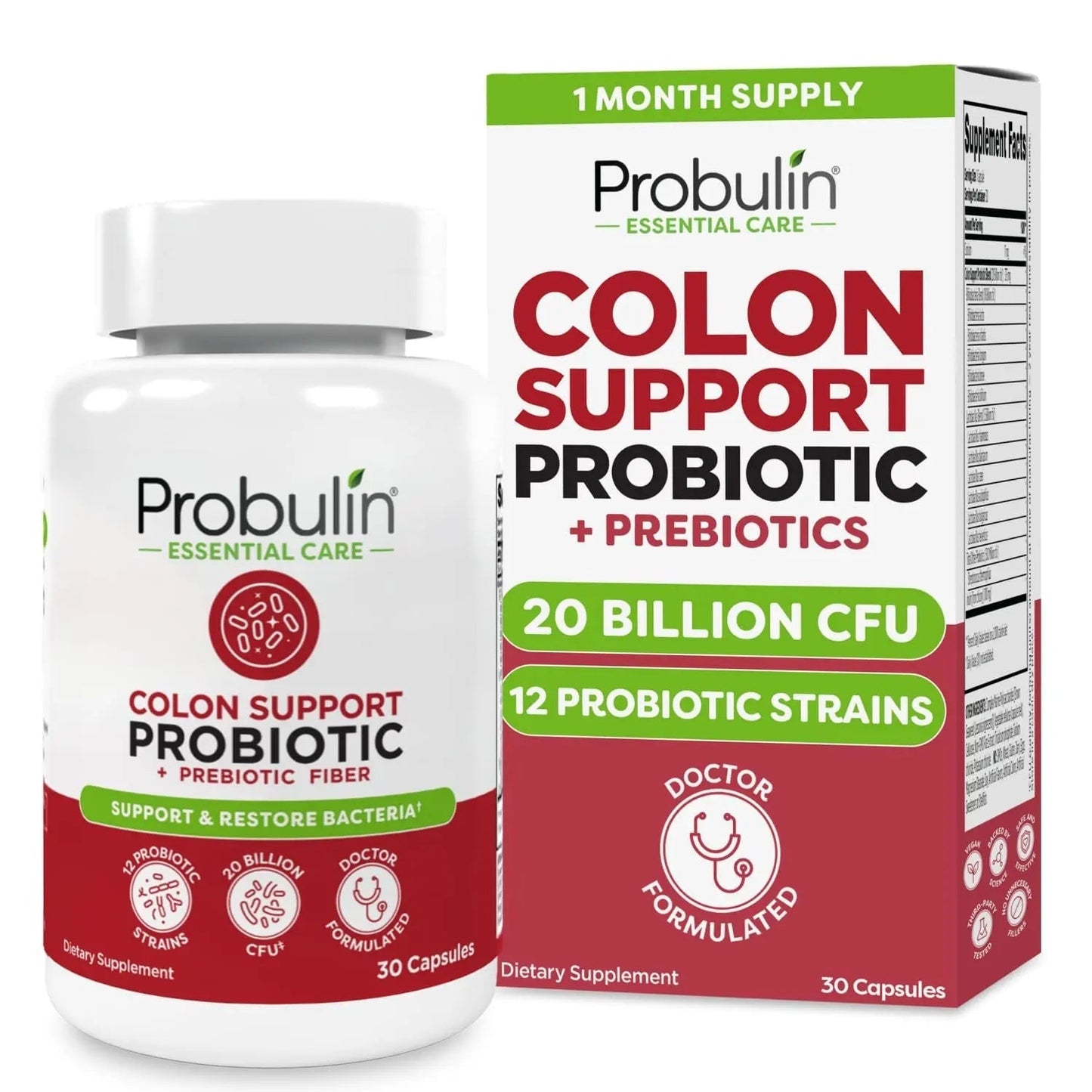 Probulin Colon Support Probiotic Supplement, Daily Gut, Digestive, and Immune Health Probiotics Capsules for Men and Women, 20 Billion CFU, Vegan, 30 Count Bottle - Maple Wellness Supplements