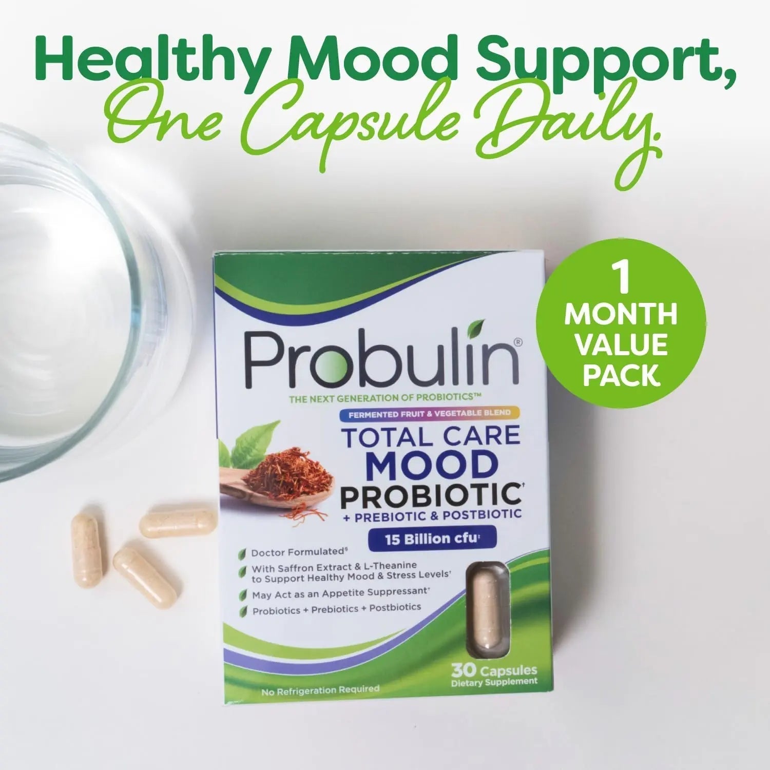 Probulin Mood Probiotics for Women with Saffron, L Theanine, Probiotic, Prebiotic, Postbiotic - Mood Support Supplement & Gut Support - Vegan, Non GMO, 30 Capsules - Maple Wellness Supplements