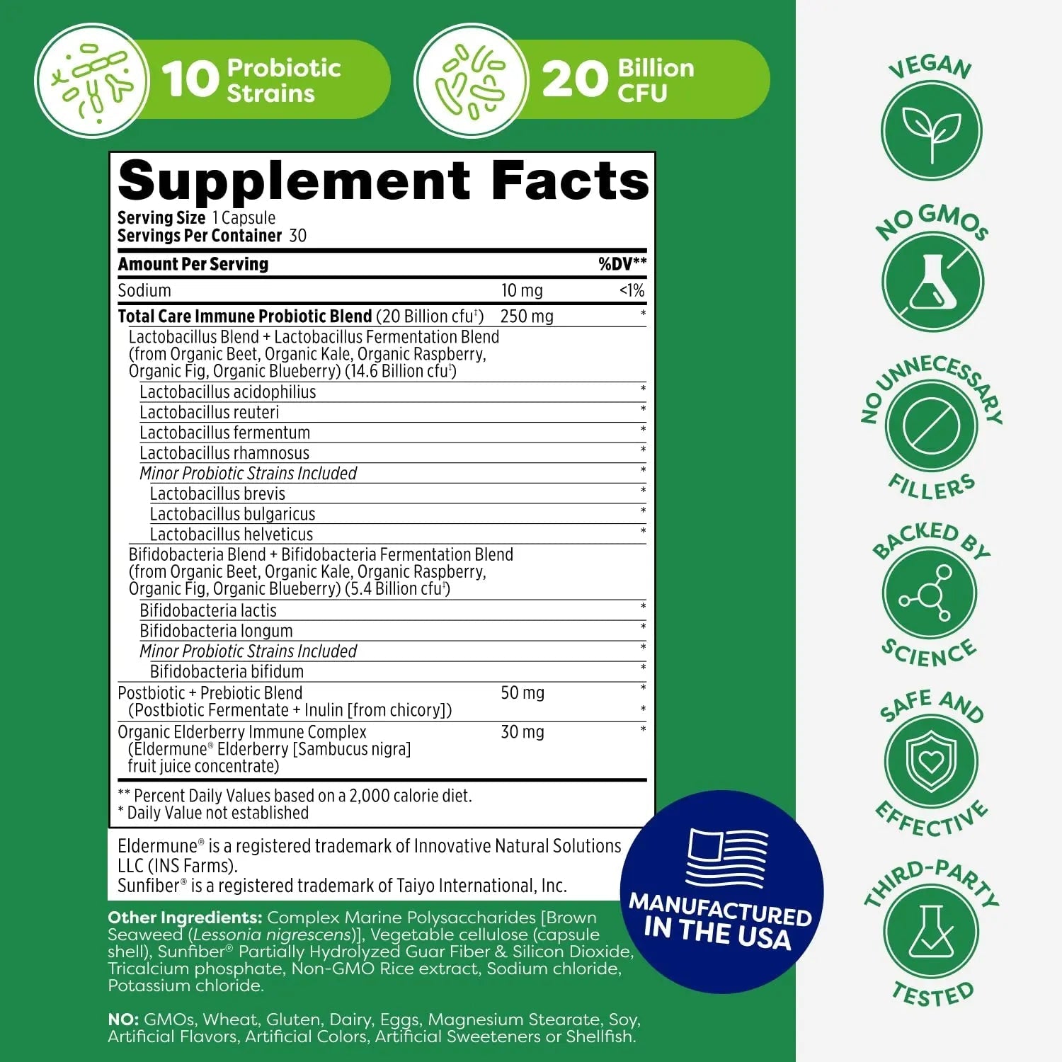 Probulin Total Care Immune = Prebiotics + Probiotics + Postbiotics + Elderberry to Support Immune & Gut Health - 20 Billion CFU - 10 Probiotic Strains, 30 Vegan Capsules - Maple Wellness Supplements