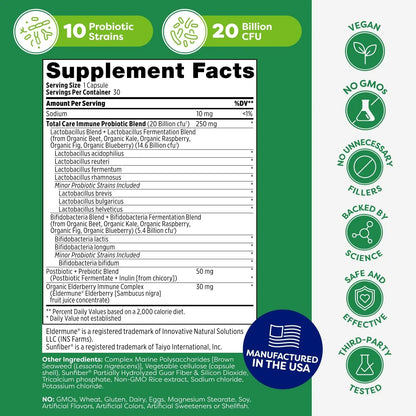 Probulin Total Care Immune = Prebiotics + Probiotics + Postbiotics + Elderberry to Support Immune & Gut Health - 20 Billion CFU - 10 Probiotic Strains, 30 Vegan Capsules - Maple Wellness Supplements
