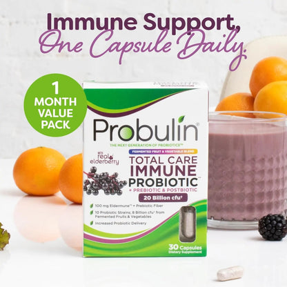 Probulin Total Care Immune = Prebiotics + Probiotics + Postbiotics + Elderberry to Support Immune & Gut Health - 20 Billion CFU - 10 Probiotic Strains, 30 Vegan Capsules - Maple Wellness Supplements