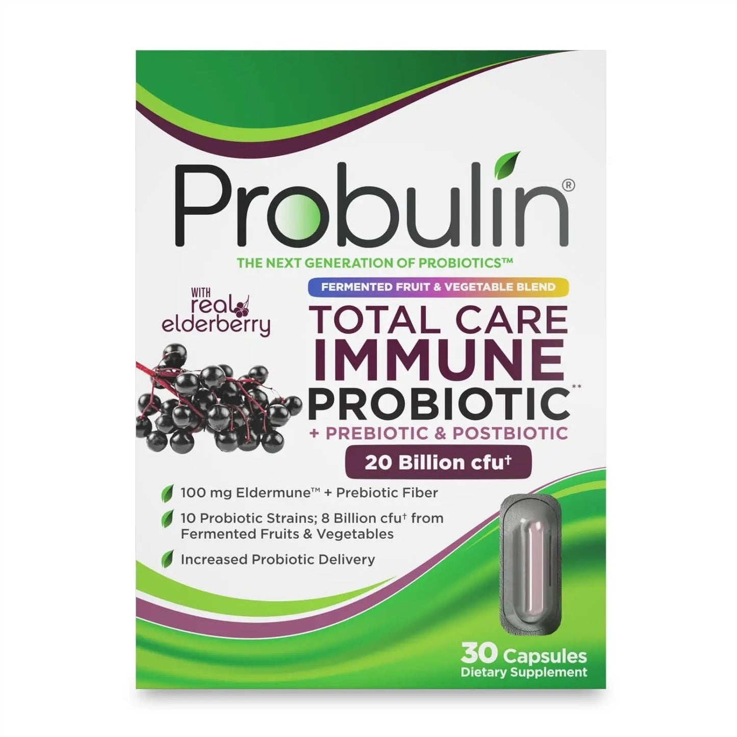 Probulin Total Care Immune = Prebiotics + Probiotics + Postbiotics + Elderberry to Support Immune & Gut Health - 20 Billion CFU - 10 Probiotic Strains, 30 Vegan Capsules - Maple Wellness Supplements