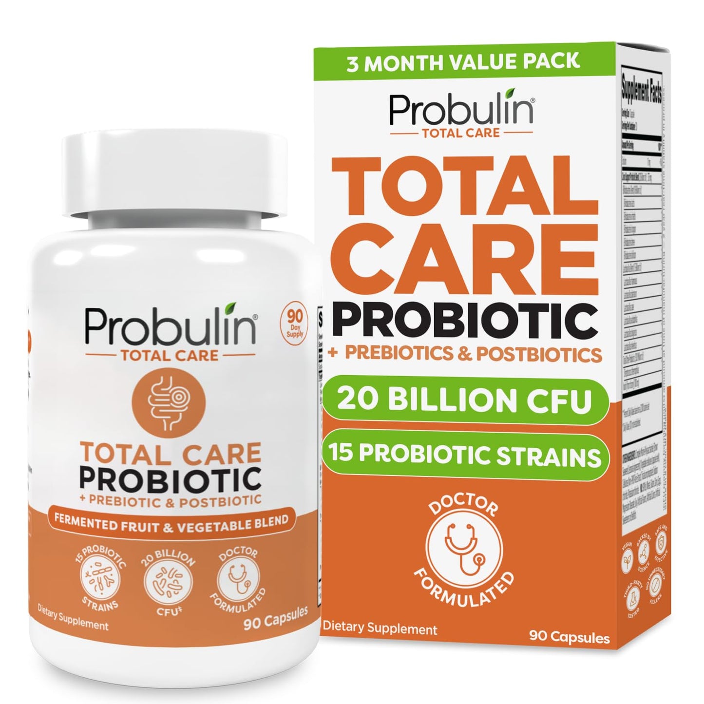 Probulin Total Care Probiotic Supplement, Daily Gut, Digestive, and Immune Health Probiotics Capsules for Men and Women, 20 Billion CFU, Vegan, 90 Count Bottle - Maple Wellness Supplements