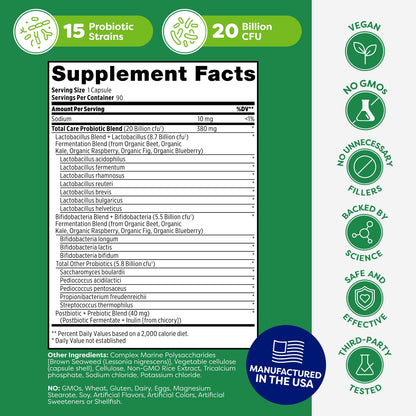 Probulin Total Care Probiotic Supplement, Daily Gut, Digestive, and Immune Health Probiotics Capsules for Men and Women, 20 Billion CFU, Vegan, 90 Count Bottle - Maple Wellness Supplements