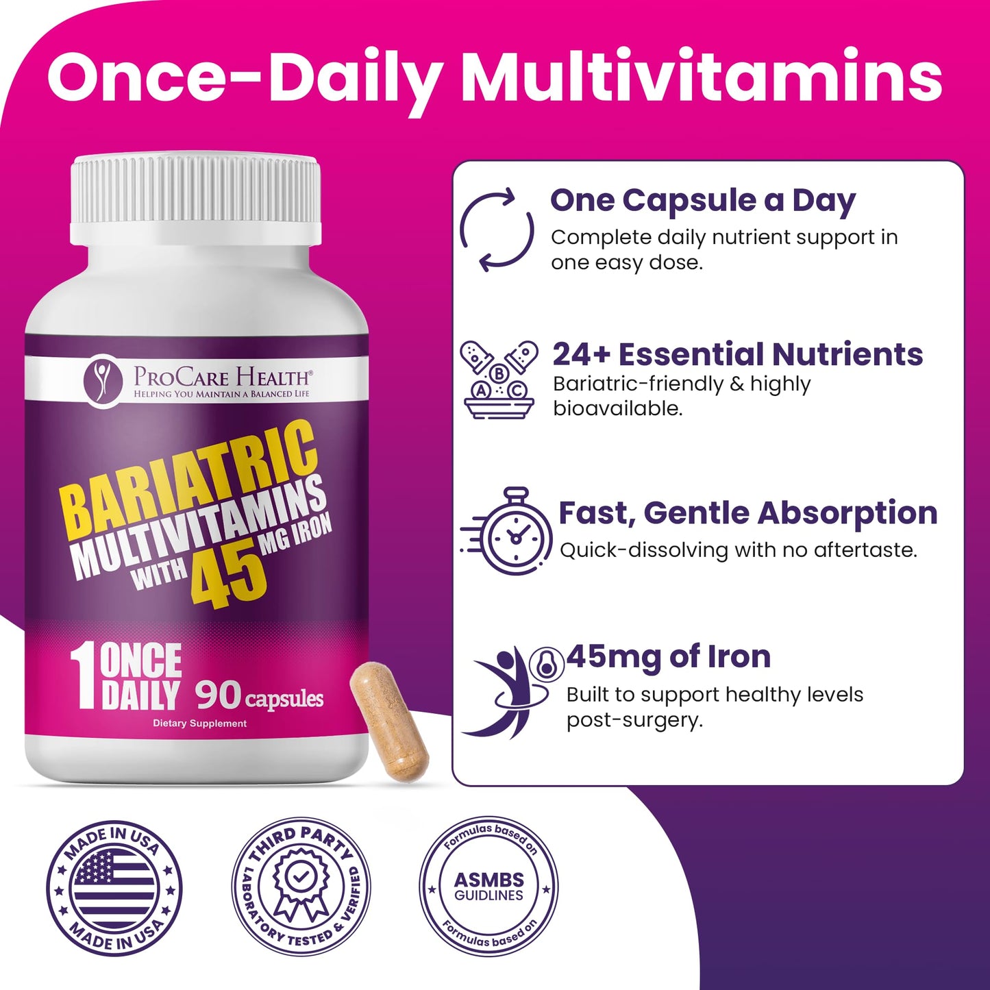 ProCare Health Bariatric Multivitamin 45mg Iron – Once Daily Capsule for Gastric Bypass, Sleeve & Post-Op Support – 90 Easy-to-Swallow Capsules - Maple Wellness Supplements