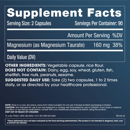 ProHealth Pure Magnesium Taurate, 160mg per Serving | Optimal Bioavailability Supplement for Healthy Aging | Supports Brain, Heart, and Muscle Health | Third-Party Tested for Quality | 180 Capsules - Maple Wellness Supplements