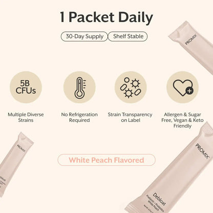 ProMix Nutrition Debloat Prebiotics and Probiotics, Bloating Relief for Women, Gut Cleanse Detox for Men and Immune Support - White Peach - 30 Servings (Pack of 30) - Maple Wellness Supplements