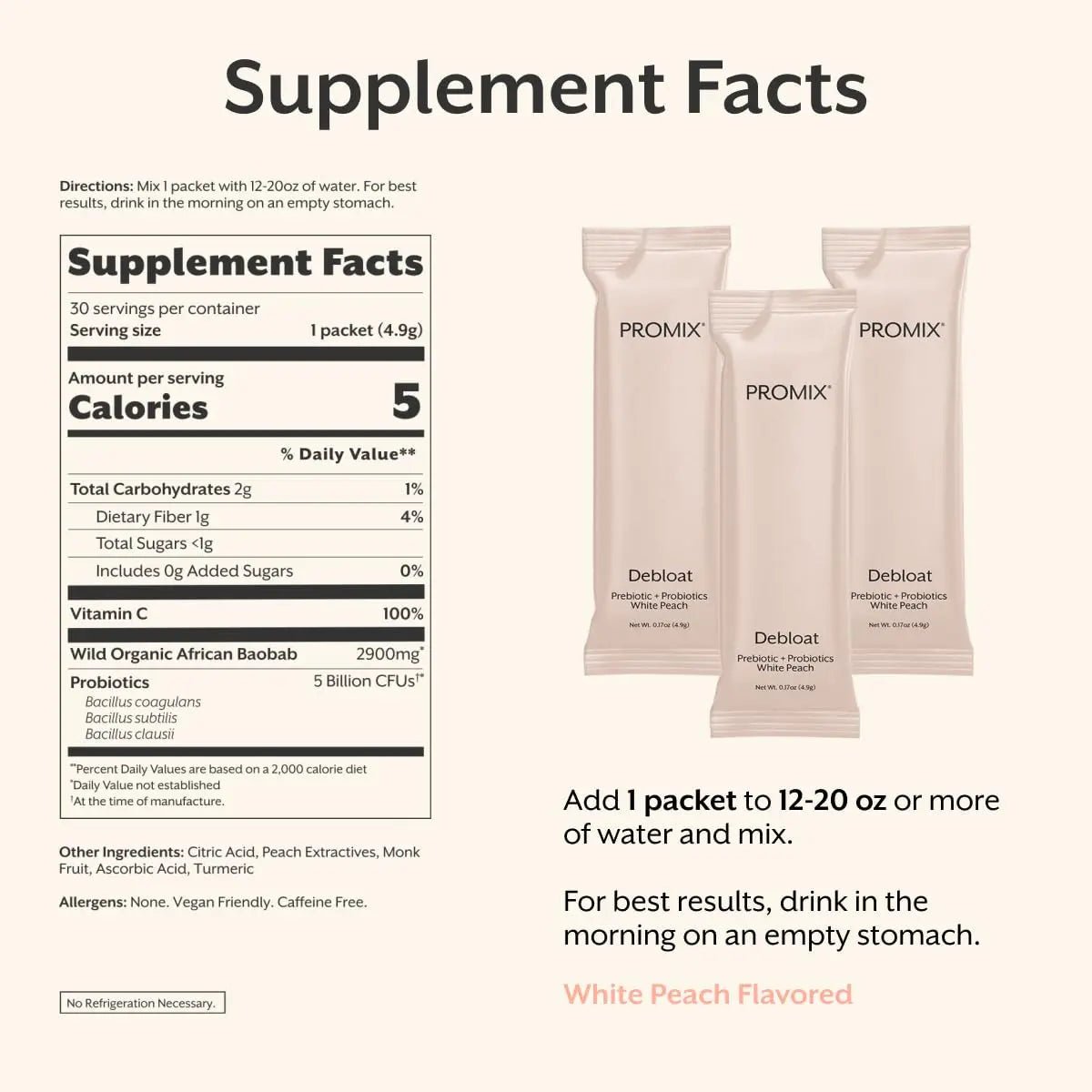 ProMix Nutrition Debloat Prebiotics and Probiotics, Bloating Relief for Women, Gut Cleanse Detox for Men and Immune Support - White Peach - 30 Servings (Pack of 30) - Maple Wellness Supplements