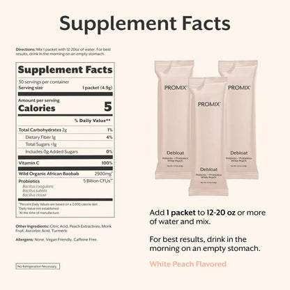 ProMix Nutrition Debloat Prebiotics and Probiotics, Bloating Relief for Women, Gut Cleanse Detox for Men and Immune Support - White Peach - 30 Servings (Pack of 30) - Maple Wellness Supplements