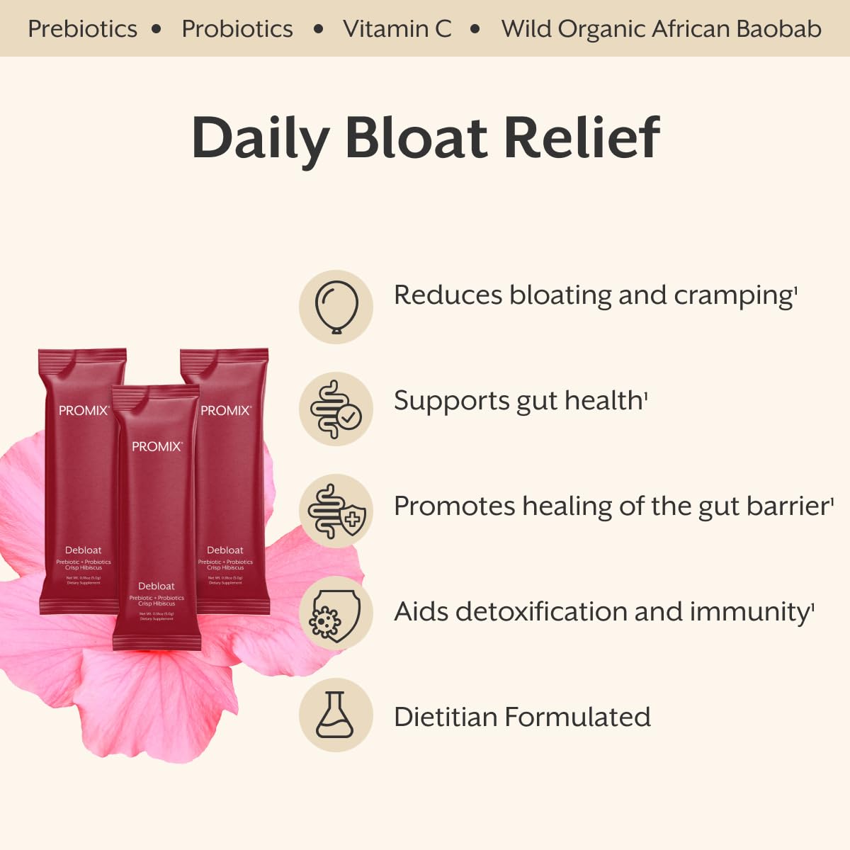 ProMix Nutrition Debloat Prebiotics and Probiotics Immune Support Supplement for Digestion, Cortisol Health, Gut Cleanse - Hibiscus - Maple Wellness Supplements