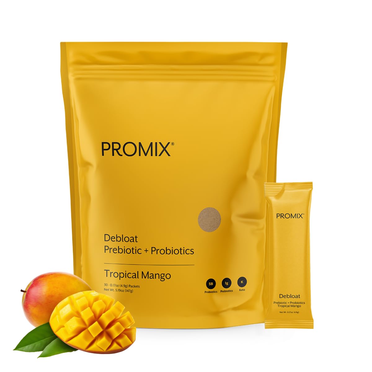 ProMix Nutrition Debloat Prebiotics and Probiotics Immune Support Supplement for Digestion, Cortisol Health, Gut Cleanse - Mango - 30 Servings (Pack of 30) - Maple Wellness Supplements