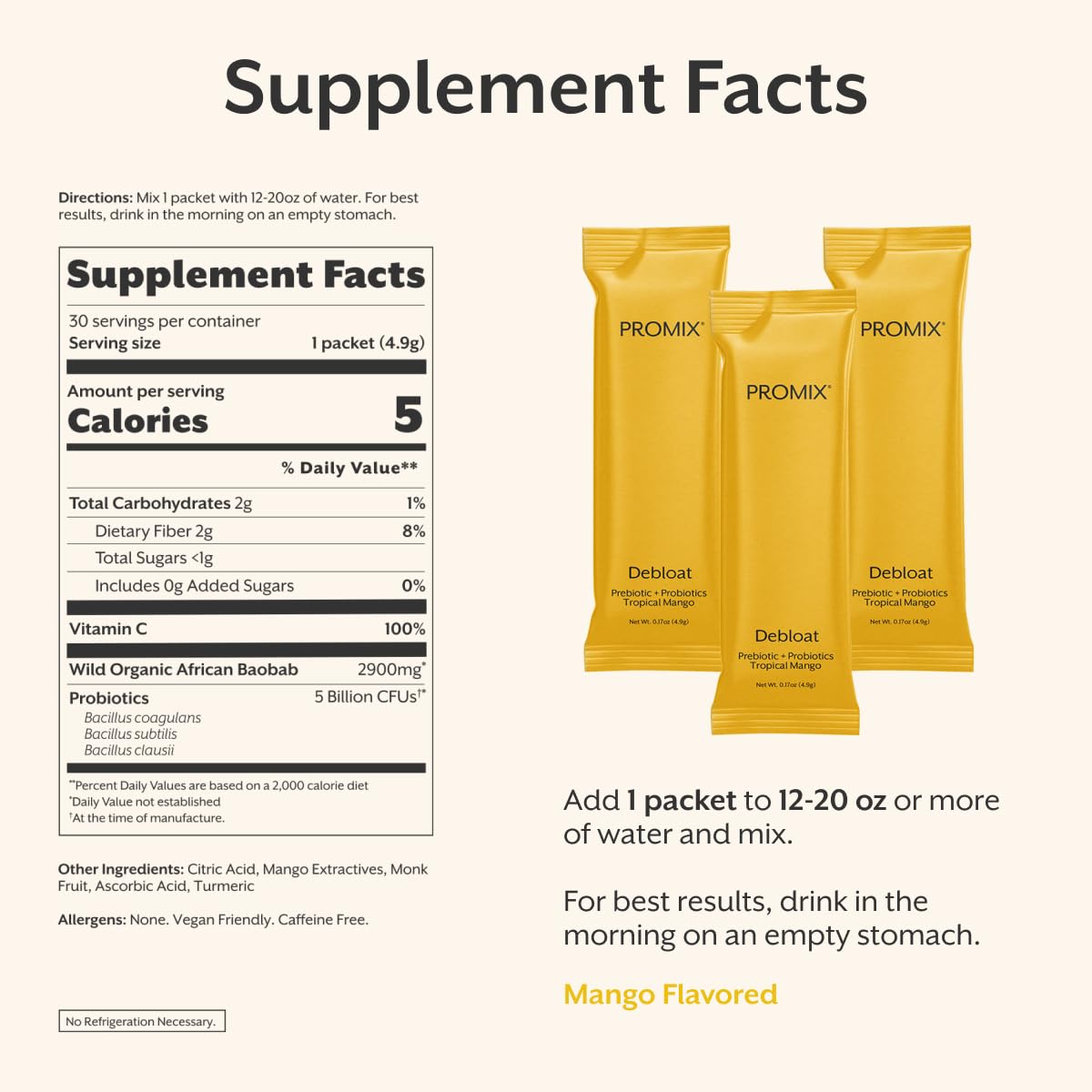 ProMix Nutrition Debloat Prebiotics and Probiotics Immune Support Supplement for Digestion, Cortisol Health, Gut Cleanse - Mango - 30 Servings (Pack of 30) - Maple Wellness Supplements