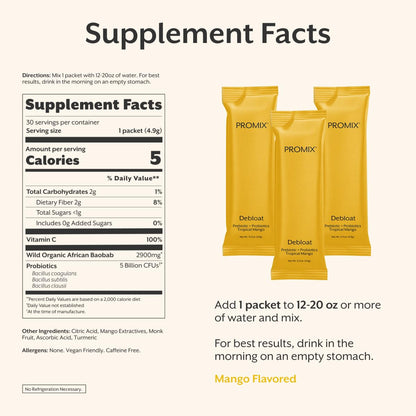 ProMix Nutrition Debloat Prebiotics and Probiotics Immune Support Supplement for Digestion, Cortisol Health, Gut Cleanse - Mango - 30 Servings (Pack of 30) - Maple Wellness Supplements