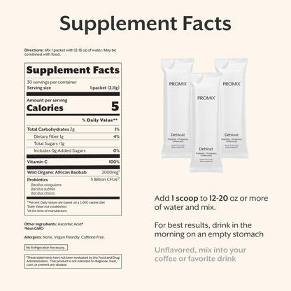 ProMix Nutrition Debloat Prebiotics and Probiotics Immune Support Supplement for Digestion, Cortisol Health, Gut Cleanse - Unflavored - 30 Servings (Pack of 30) - Maple Wellness Supplements