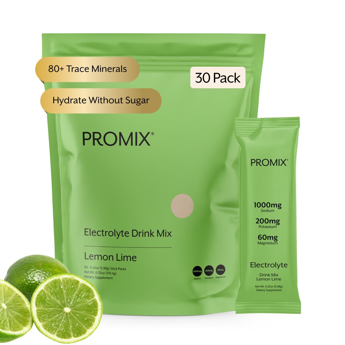 ProMix Nutrition Electrolytes Powder Hydration Packets - Himalayan Pink Salt, Magnesium, Potassium, Vitamin C - Lemon Lime, Lightly Sweetened - Maple Wellness Supplements
