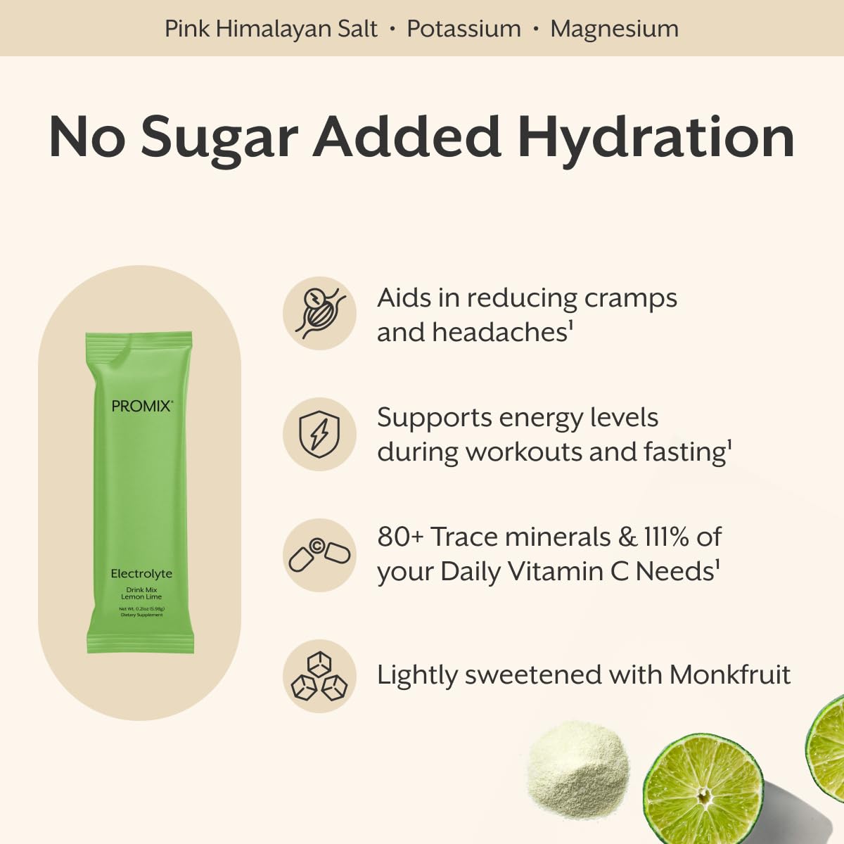 ProMix Nutrition Electrolytes Powder Hydration Packets - Himalayan Pink Salt, Magnesium, Potassium, Vitamin C - Lemon Lime, Lightly Sweetened - Maple Wellness Supplements