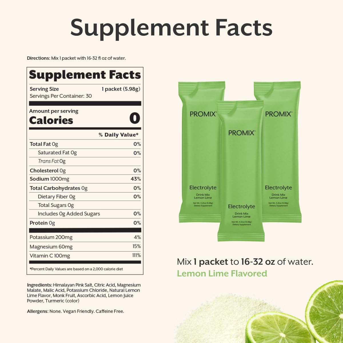 ProMix Nutrition Electrolytes Powder Hydration Packets - Himalayan Pink Salt, Magnesium, Potassium, Vitamin C - Lemon Lime, Lightly Sweetened - Maple Wellness Supplements