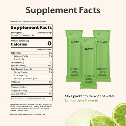 ProMix Nutrition Electrolytes Powder Hydration Packets - Himalayan Pink Salt, Magnesium, Potassium, Vitamin C - Lemon Lime, Lightly Sweetened - Maple Wellness Supplements