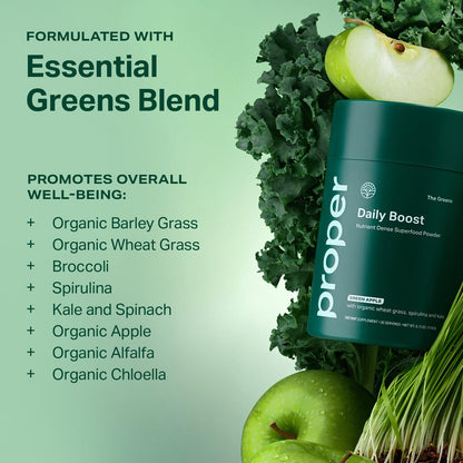 Proper, The Greens Daily Boost Organic Greens Powder. Whole Food, Apple Flavour Veggie Powder Superfood with Wheatgrass, Spirulina, Chlorella, Probiotics. - Maple Wellness Supplements