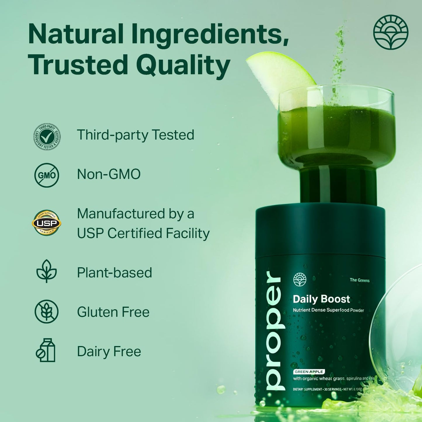 Proper, The Greens Daily Boost Organic Greens Powder. Whole Food, Apple Flavour Veggie Powder Superfood with Wheatgrass, Spirulina, Chlorella, Probiotics. - Maple Wellness Supplements