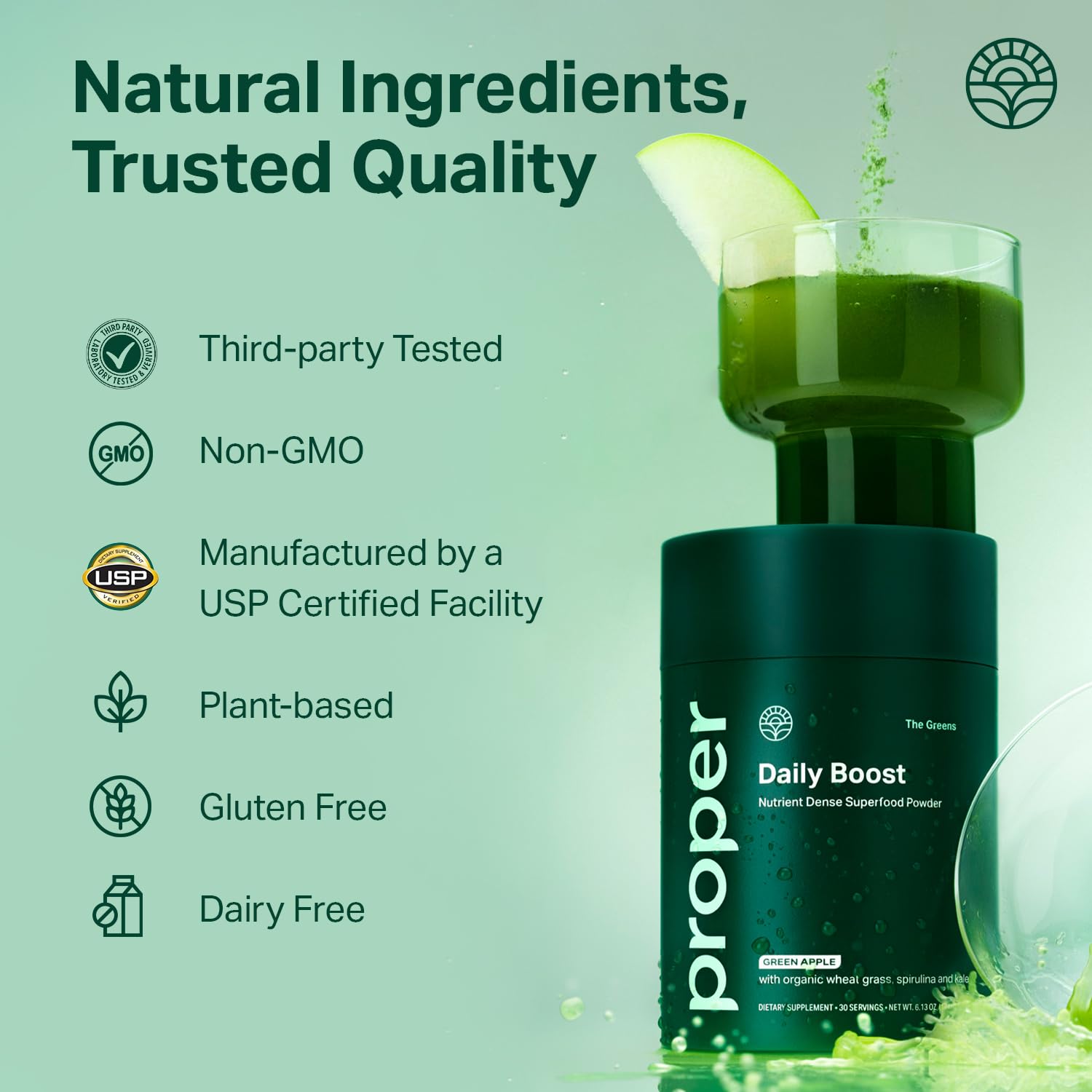 Proper, The Greens Daily Boost Organic Greens Powder. Whole Food, Apple Flavour Veggie Powder Superfood with Wheatgrass, Spirulina, Chlorella, Probiotics. - Maple Wellness Supplements