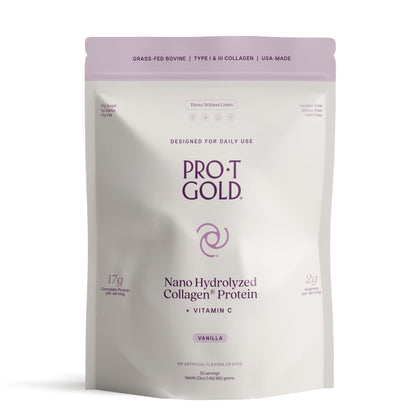 ProT Gold Collagen Protein Powder, 17g Protein Nano-Hydrolyzed Grass Fed Collagen, Vitamin C, 2g Arginine for Wound Support, Gluten Free, All Natural, Fat and Sugar Free, 0g Carbs, Vanilla, 23 oz, 30 - Maple Wellness Supplements