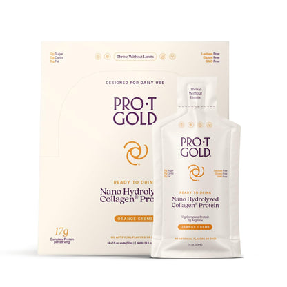 ProT Gold Liquid Collagen Protein Shot, 17g Clear Protein Nano-Hydrolyzed Grass Fed Collagen, 2g Arginine for Wound Support, Gluten Free, Sugar Free, 0g Carbs, Orange Creme, 1 fl oz, 24 Pack - Maple Wellness Supplements