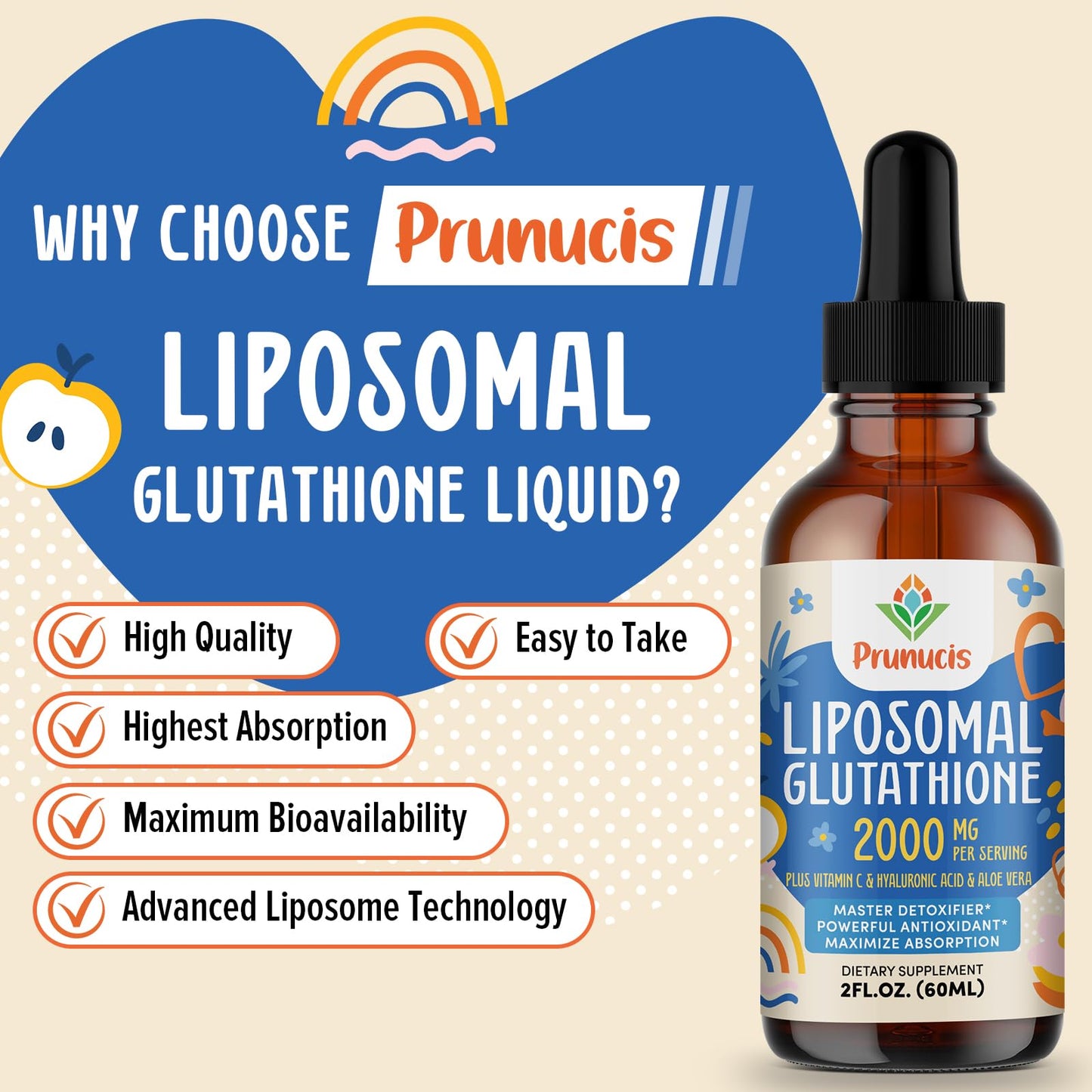Prunucis 2000MG Liposomal Glutathione Liquid, 98% Absorption, Active Form L-Glutathione Supplement, - Maple Wellness Supplements