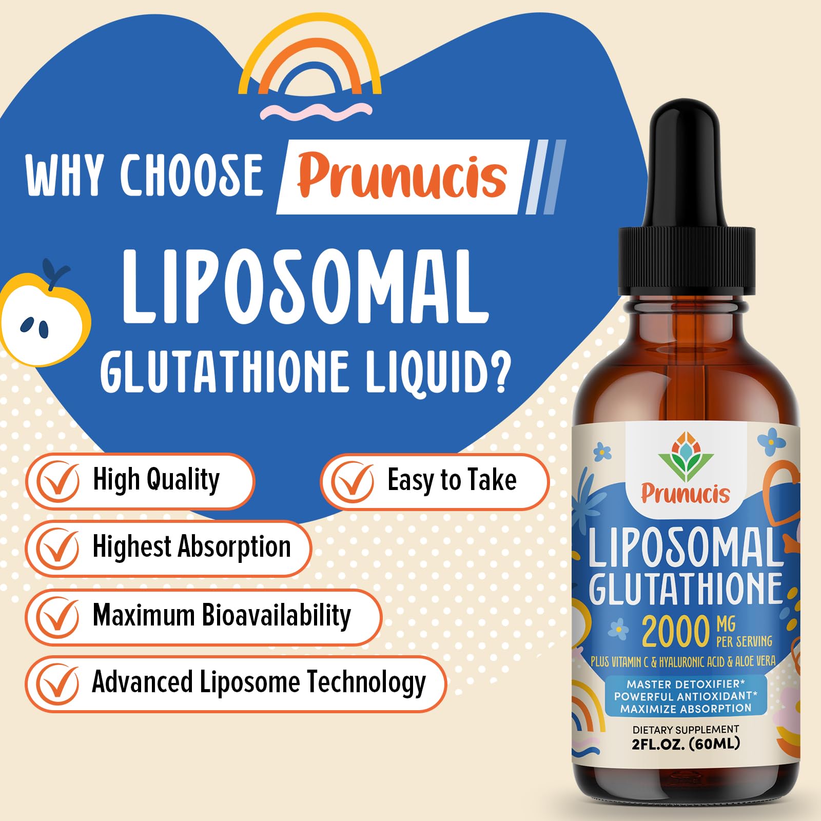 Prunucis 2000MG Liposomal Glutathione Liquid, 98% Absorption, Active Form L-Glutathione Supplement, - Maple Wellness Supplements