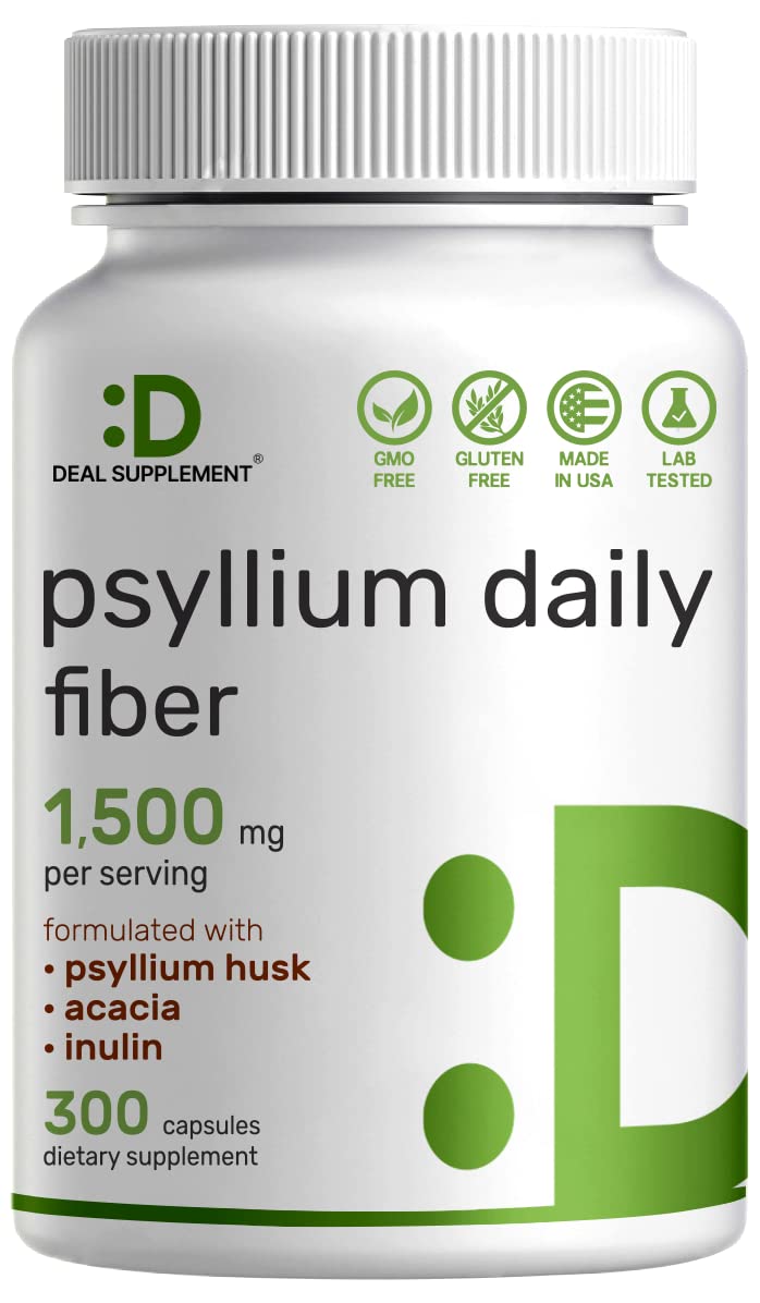 Psyllium Husk 1500mg Per Serving, 300 Capsules – 3 in 1 Fiber Supplement with Inulin & Acacia Complex – Natural Soluble Fiber - Maple Wellness Supplements