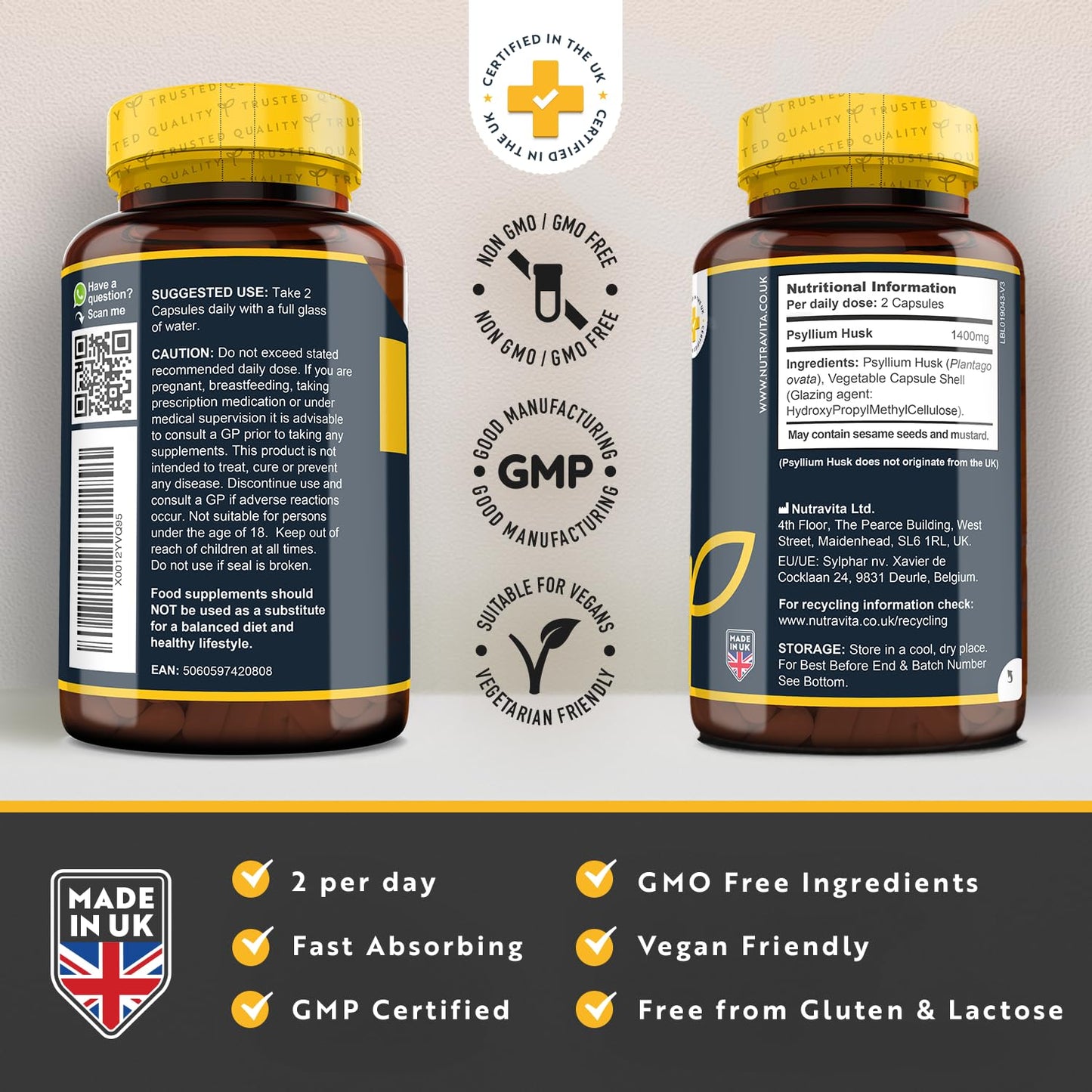 Psyllium Husks Fibre Supplement – 1400mg per Serving – Naturally High in Soluble Fibre - Maple Wellness Supplements