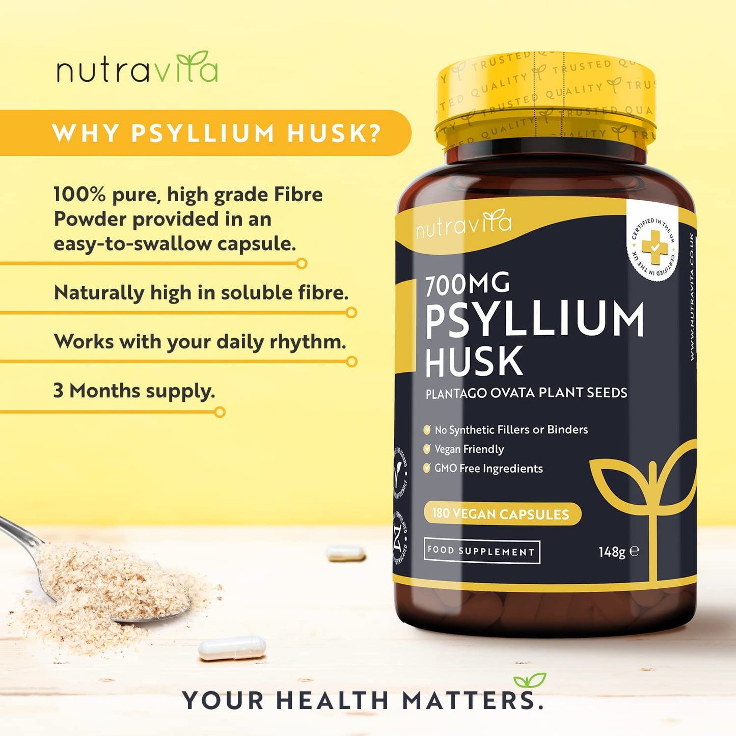 Psyllium Husks Fibre Supplement – 1400mg per Serving – Naturally High in Soluble Fibre - Maple Wellness Supplements