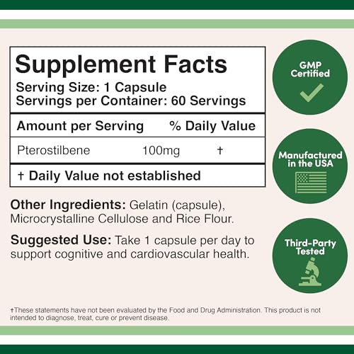 Pterostilbene Supplement 100mg Capsules (Third Party Tested) Manufactured in The USA - Maple Wellness Supplements
