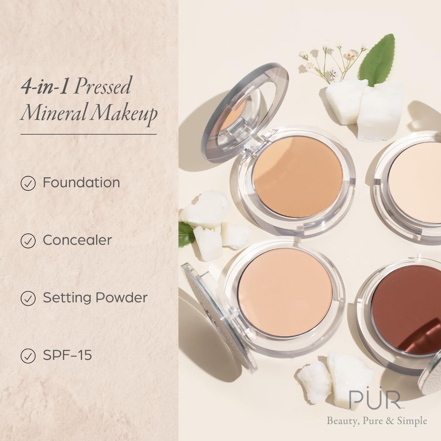 PÜR MINERALS 4-in-1 Pressed Mineral Makeup Powder Foundation with SPF 15 - Concealer & Finishing Compact Pressed Powder for Face - Buildable Medium to Full Coverage Foundation Powder (Vanilla) - Maple Wellness Supplements