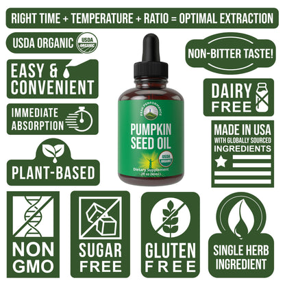Pumpkin Seed Oil. USDA Organic Vegan Liquid Drops Extract for Women and Men. Supplement for Hair Growth, Skin Health, UT, Prostate Support. Zero Sugar, Gluten Free. Take Orally No Capsules - Maple Wellness Supplements