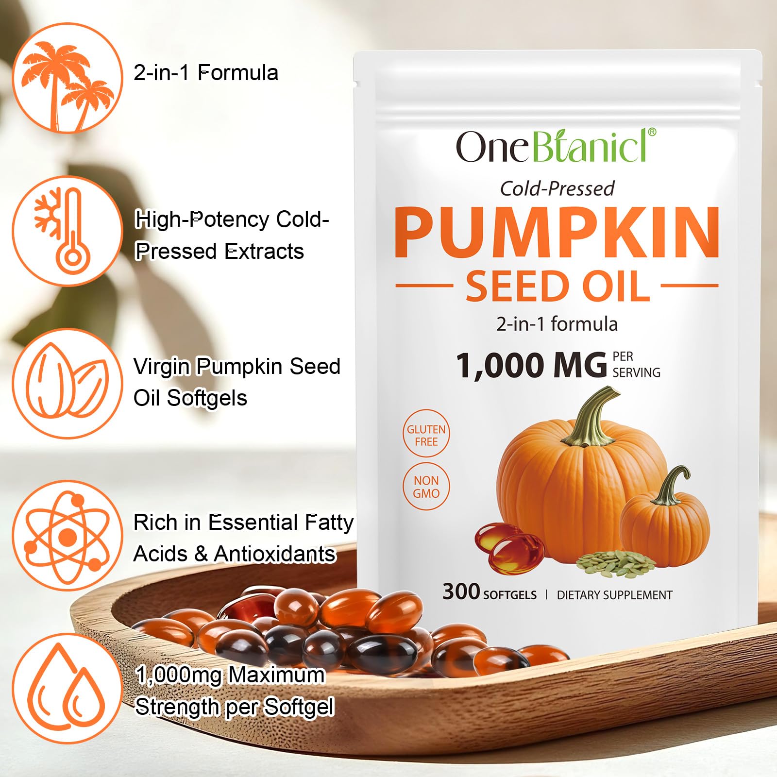 Pumpkin Seed Oil with Saw Palmetto, 1000mg per Serving, 300 Softgels – Cold Pressed Pumpkin Seed Oil Capsules for Hair, Prostate, Urinary & Bladder Health - Maple Wellness Supplements