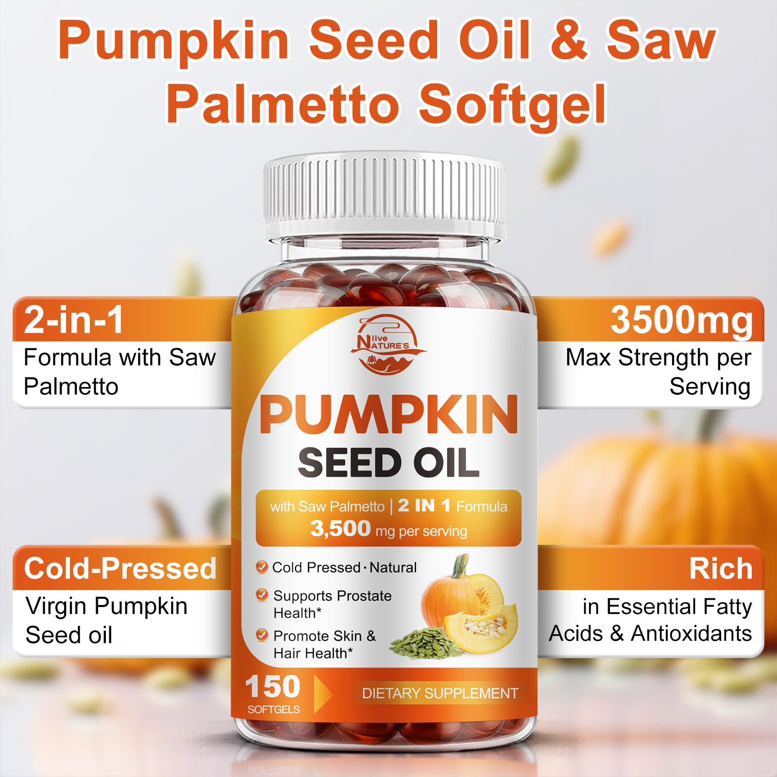 Pumpkin Seed Oil with Saw Palmetto, 3500mg Max Strength per Serving, 150 Softgels, Cold-Pressed with Essential Fatty Acids & Phytosterols, Supports Immune - Maple Wellness Supplements