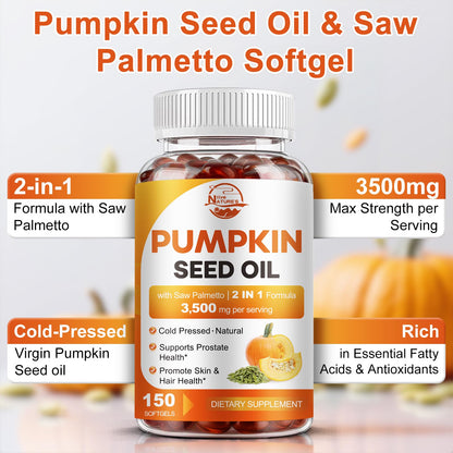 Pumpkin Seed Oil with Saw Palmetto, 3500mg Max Strength per Serving, 150 Softgels, Cold-Pressed with Essential Fatty Acids & Phytosterols, Supports Immune - Maple Wellness Supplements