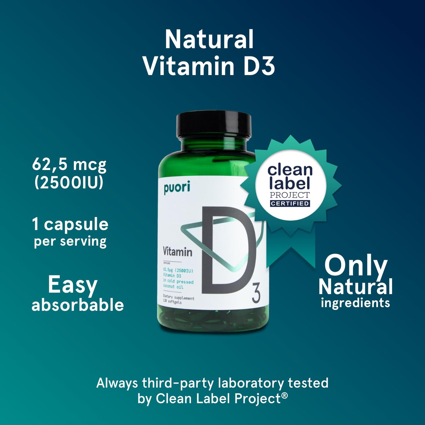 Puori Vitamin D3 Softgels, 2500 IU (62.5 mcg) - Fast Absorbing Vitamin D3 Supplements for Immune System Support, Bone Health & Density and Healthy Muscle Functions - Non-GMO & Gluten-Free - 120 Count - Maple Wellness Supplements