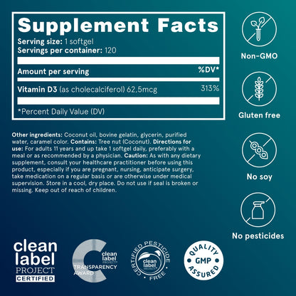 Puori Vitamin D3 Softgels, 2500 IU (62.5 mcg) - Fast Absorbing Vitamin D3 Supplements for Immune System Support, Bone Health & Density and Healthy Muscle Functions - Non-GMO & Gluten-Free - 120 Count - Maple Wellness Supplements