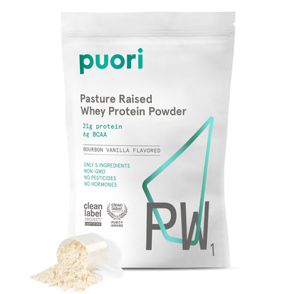 Puori Whey Protein Powder, Bourbon Vanilla - PW1 Pasture-Raised, Grass-Fed Whey Protein Powder Drink Mix containing BCAA Amino Acids - Post-Workout Supplement - Maple Wellness Supplements
