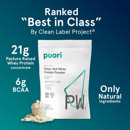 Puori Whey Protein Powder, Bourbon Vanilla - PW1 Pasture-Raised, Grass-Fed Whey Protein Powder Drink Mix containing BCAA Amino Acids - Post-Workout Supplement - Maple Wellness Supplements