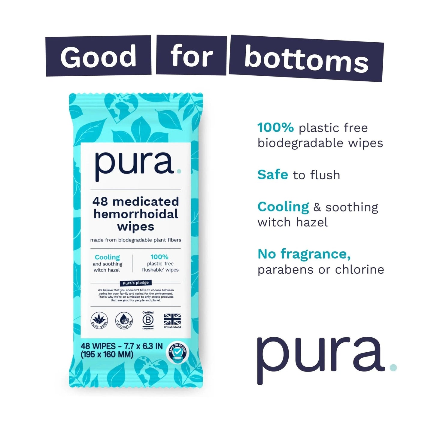 Pura Flushable Hemorrhoid Wipes XL, 48 Count, Medicated with Cooling Witch Hazel, Aloe & Coconut Oil, Fast Relief, Fragrance-Free, 100% Plastic-Free - Maple Wellness Supplements