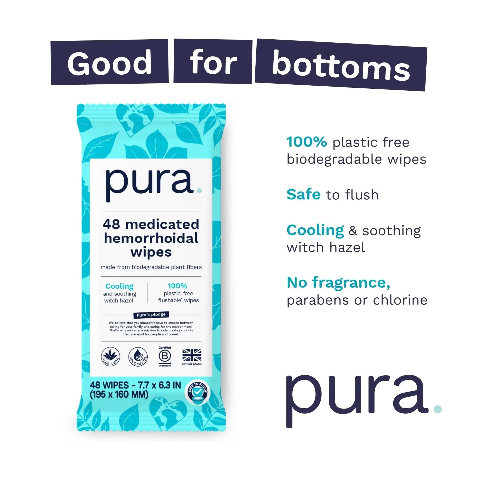 Pura Flushable Hemorrhoid Wipes XL, 48 Count, Medicated with Cooling Witch Hazel, Aloe & Coconut Oil, Fast Relief, Fragrance-Free, 100% Plastic-Free - Maple Wellness Supplements