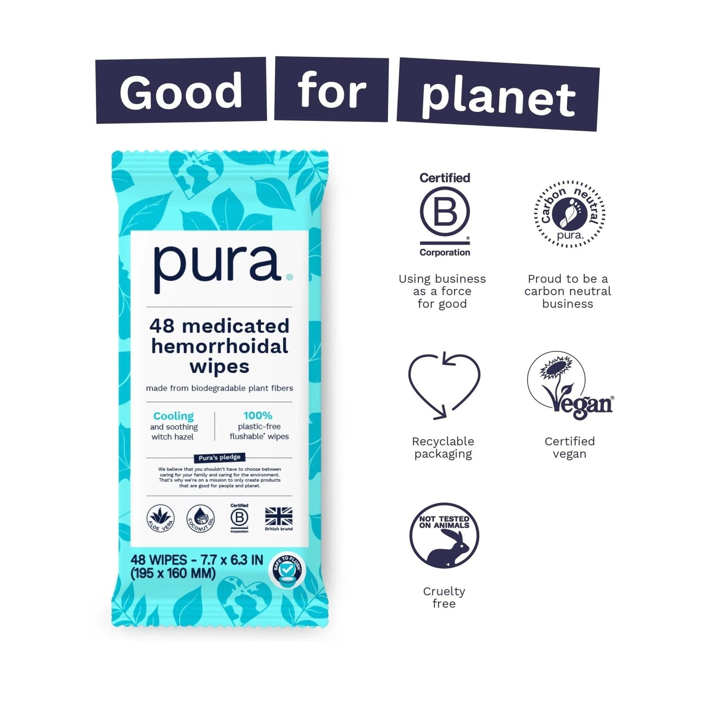Pura Flushable Hemorrhoid Wipes XL, 48 Count, Medicated with Cooling Witch Hazel, Aloe & Coconut Oil, Fast Relief, Fragrance-Free, 100% Plastic-Free - Maple Wellness Supplements