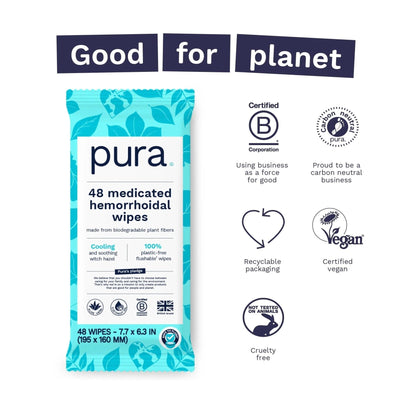 Pura Flushable Hemorrhoid Wipes XL, 48 Count, Medicated with Cooling Witch Hazel, Aloe & Coconut Oil, Fast Relief, Fragrance-Free, 100% Plastic-Free - Maple Wellness Supplements
